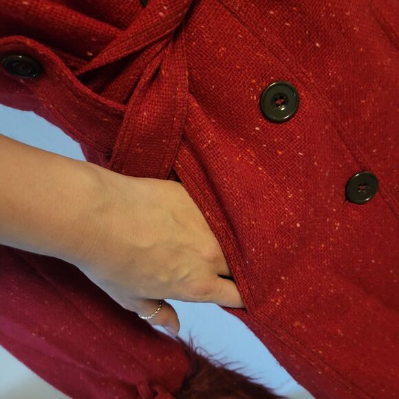 Reworked Express Design Studio Red Wool Coat Size S Faux Fur Cuffs - Picture 3 of 7